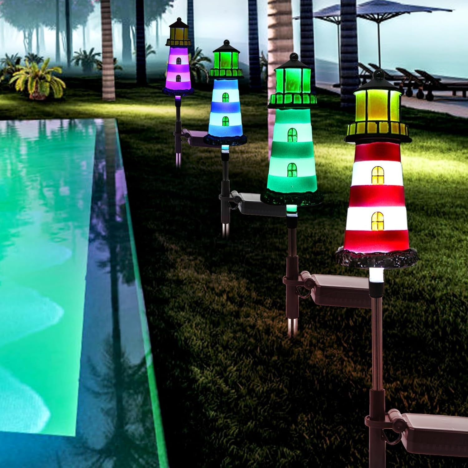 2 Pack Solar Lighthouse Lights, IP65 Waterproof Outdoor Pathway Stake Lights, Auto Dusk to Dawn Solar Powered Nautical Landscape Decor Lights for Lawn, Flower Bed, Patio, Walkway
