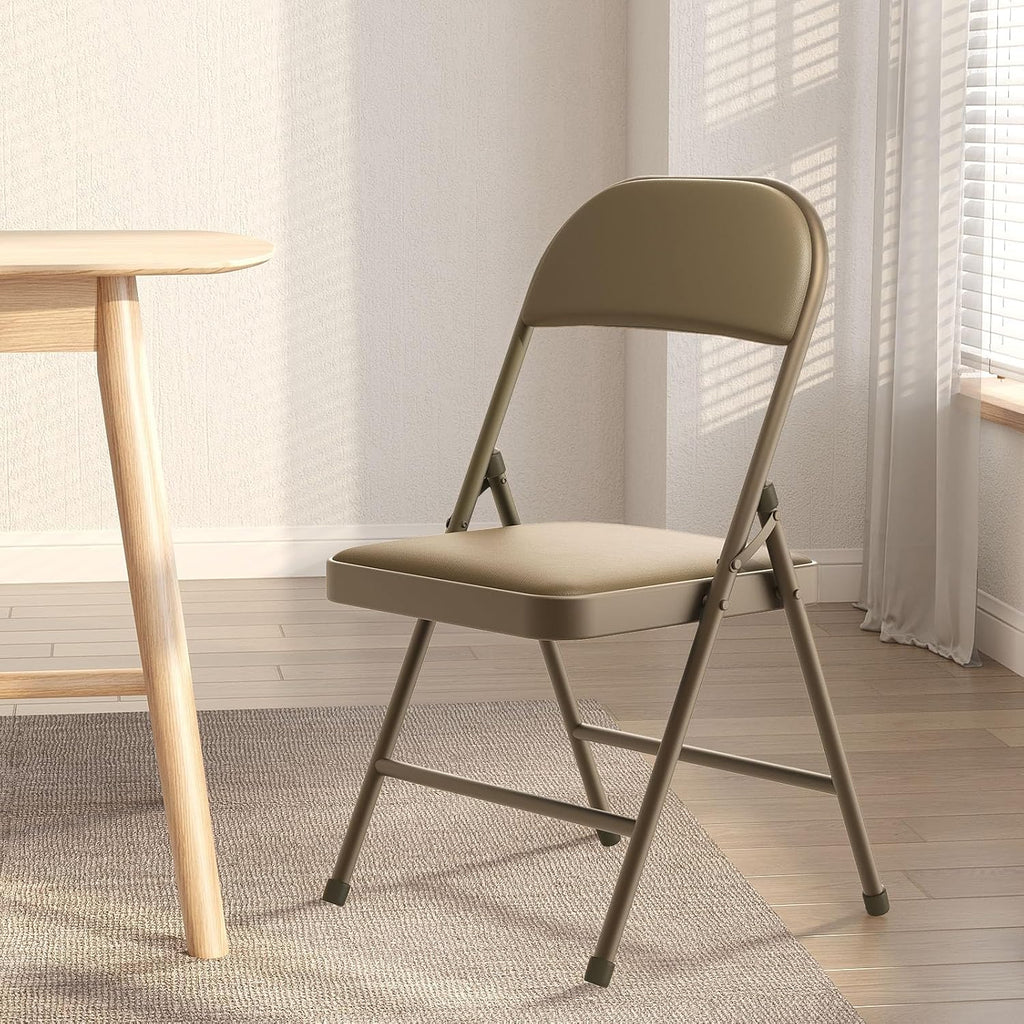 Folding Chairs with Padded Vinyl Cushion Chairs with Comfortable Cushion and Durable Steel Frame for Home and Office, for Indoor and Outdoor Events (Kahki, Vinyl, 4 Pack)