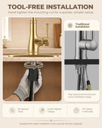 Vintage Kitchen Faucet, Pull-Down Sprayer, Brushed Gold, High Arc | 3 Modes Sprayer, 360 Swivel, Deck Plate, SUS304, Fits 1- or 3-Hole Sinks, 20-Inch Hose, Ceramic Cartridge, Lead-Free