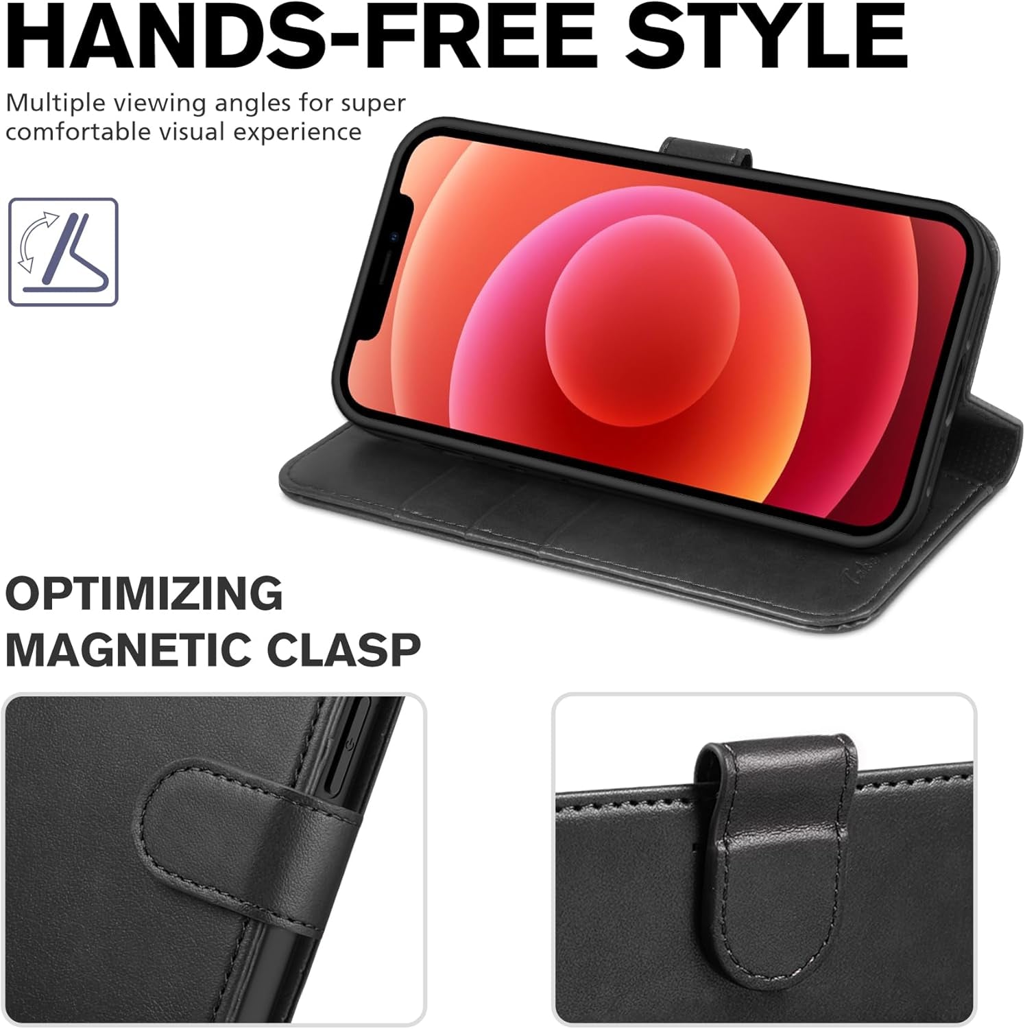 Wallet Case for Iphone 12 Pro/Iphone 12 (6.1"), 3 Card Holders, Black | RFID Blocking, Viewing Stand, Shockproof TPU Shell, PU Leather, Magnetic Closure, Protective Folio Flip Cover