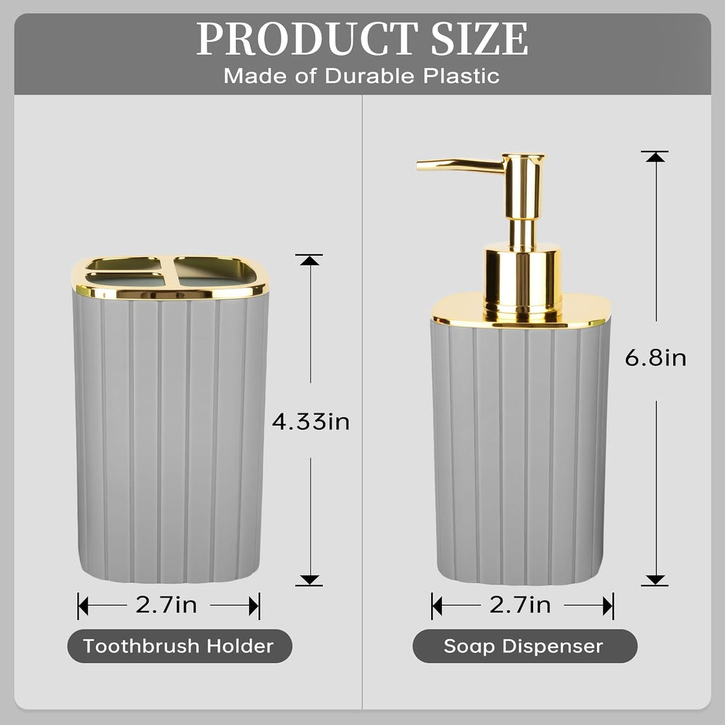 Grey Bathroom Soap Dispenser and Toothbrush Holder for Boho Bathroom Decor | 2 Piece Bathroom Accessories Set for Bathroom Countertop Storage and Housewarming Gifts