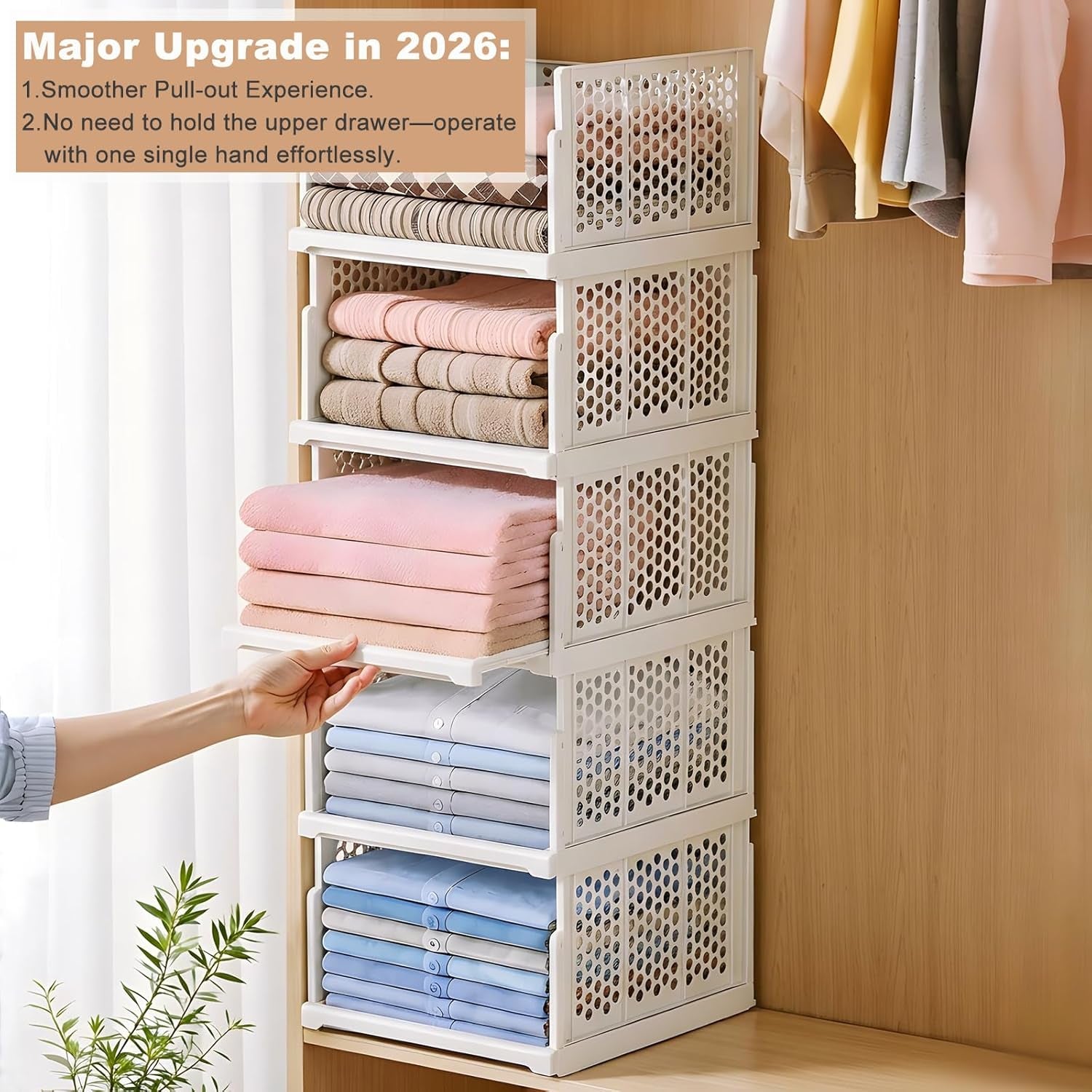 5Pack Upgraded Stackable Pull Out Closet Drawers | Reinforced Plastic, Smooth Sliding Stackable Pull-Out Access, anti Tipping Foldable Storage Containers for Bedroom & Office