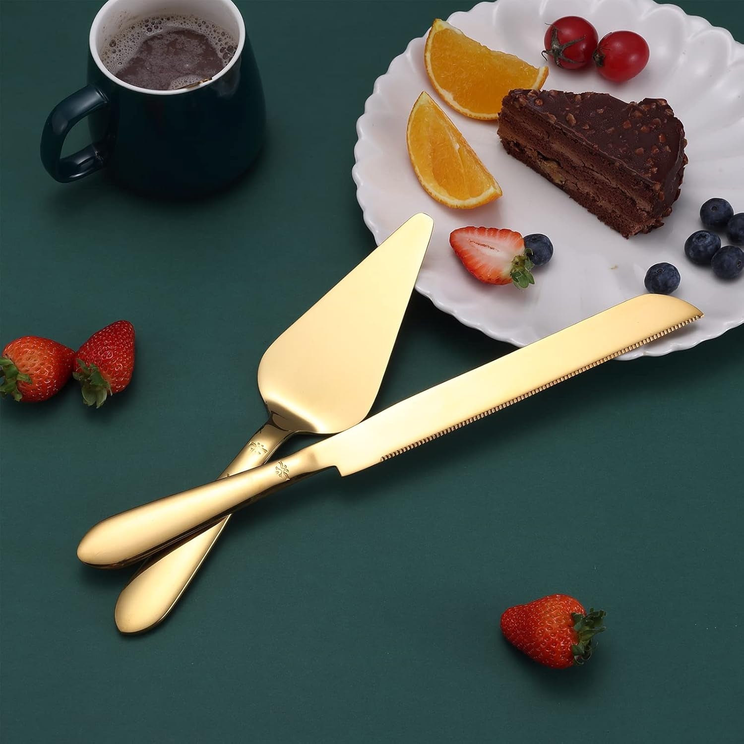 Cake Cutting Set for Wedding, Elegant Cake Knife and Server Set with Thickened Stainless Steel Rounded Edges, Cake Cutter Pie Spatula for Birthday Anniversary, 2 Pcs, Gold