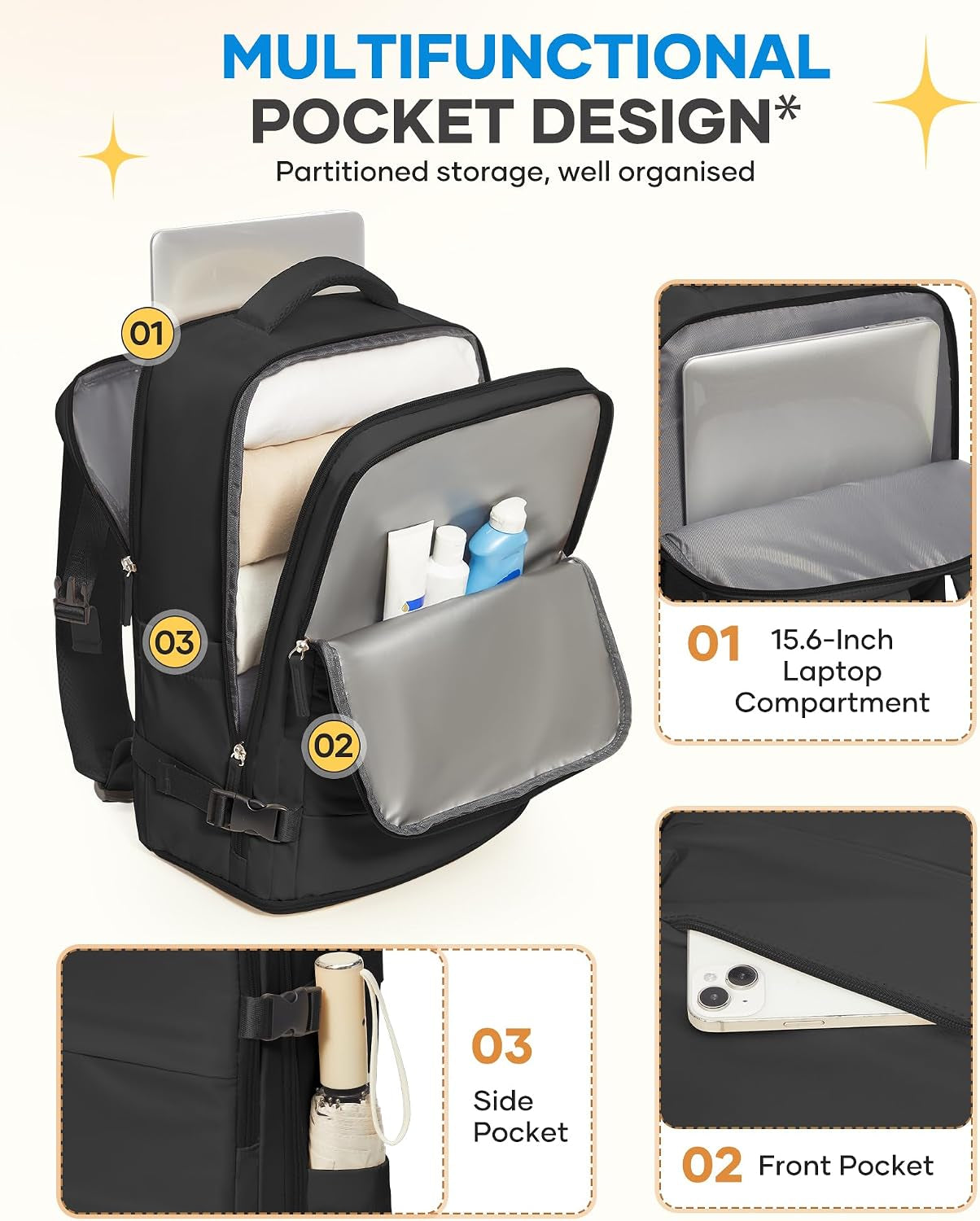 Large Black Travel Backpack for Women Men Airline Approved Carry on Backpack Flight Approved Waterproof Sports Luggage Backpacks Casual Daypack Small Hiking Backpacks