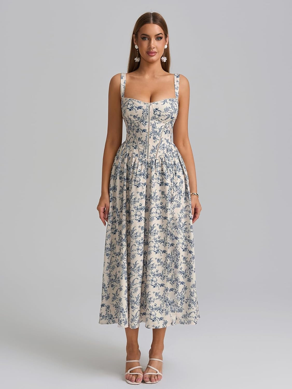 Summer Floral Corset Midi Wedding Guest Dresses for Women | Slit Flowy Sundress with Pockets, Idea for Garden Tea Party Engagement Bridal Shower Fancy Cottagecore Milkmaid