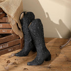 Black Cowgirl Boots for Women Cowboy Boots Western Boots Chunky Heel Pointed Toe Pull on Rhinestones Knee High Boots