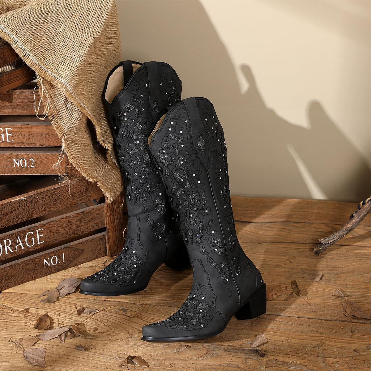 Black Cowgirl Boots for Women Cowboy Boots Western Boots Chunky Heel Pointed Toe Pull on Rhinestones Knee High Boots