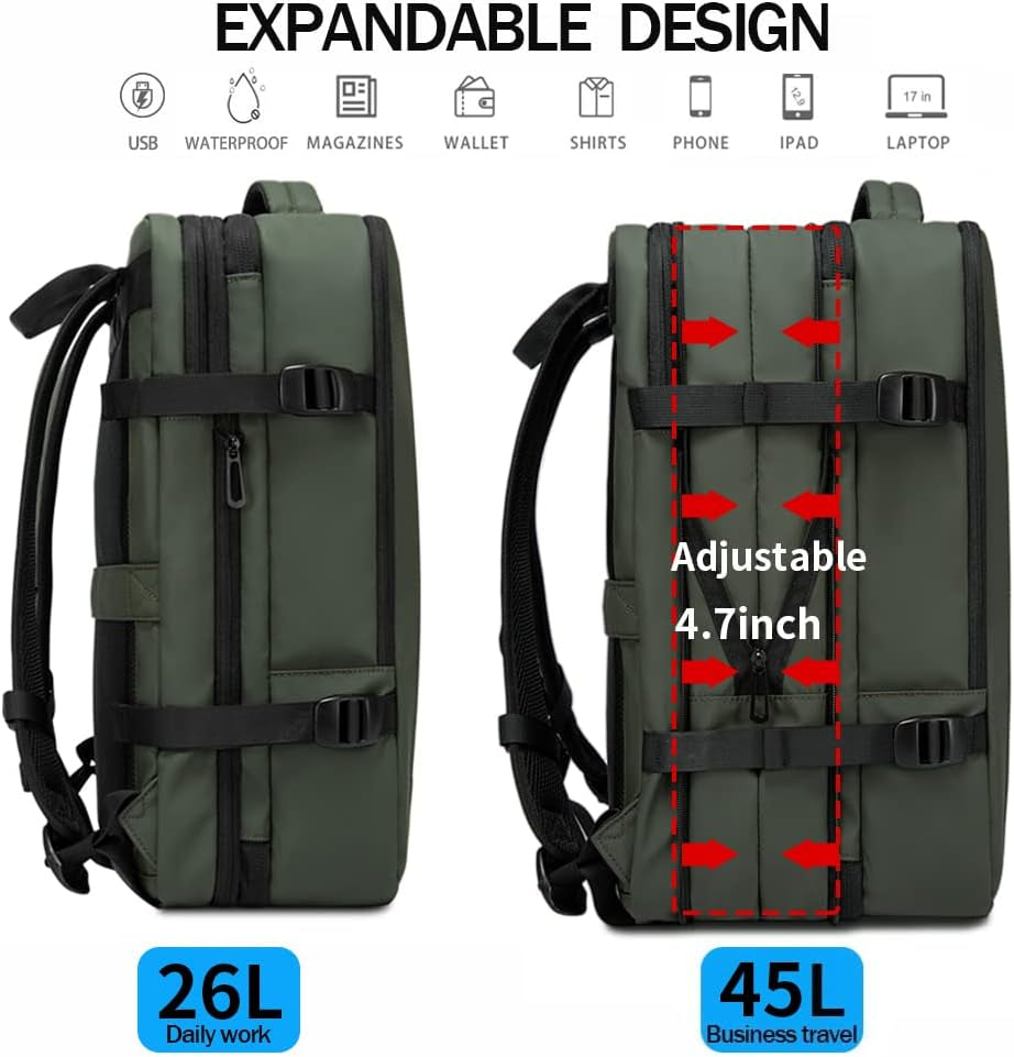 Carry-On Backpack, 45L Expandable Travel Backpacks,Weekend Backpack Briefcase,Waterproof Laptop Backpack Fits for 17.3” Laptop