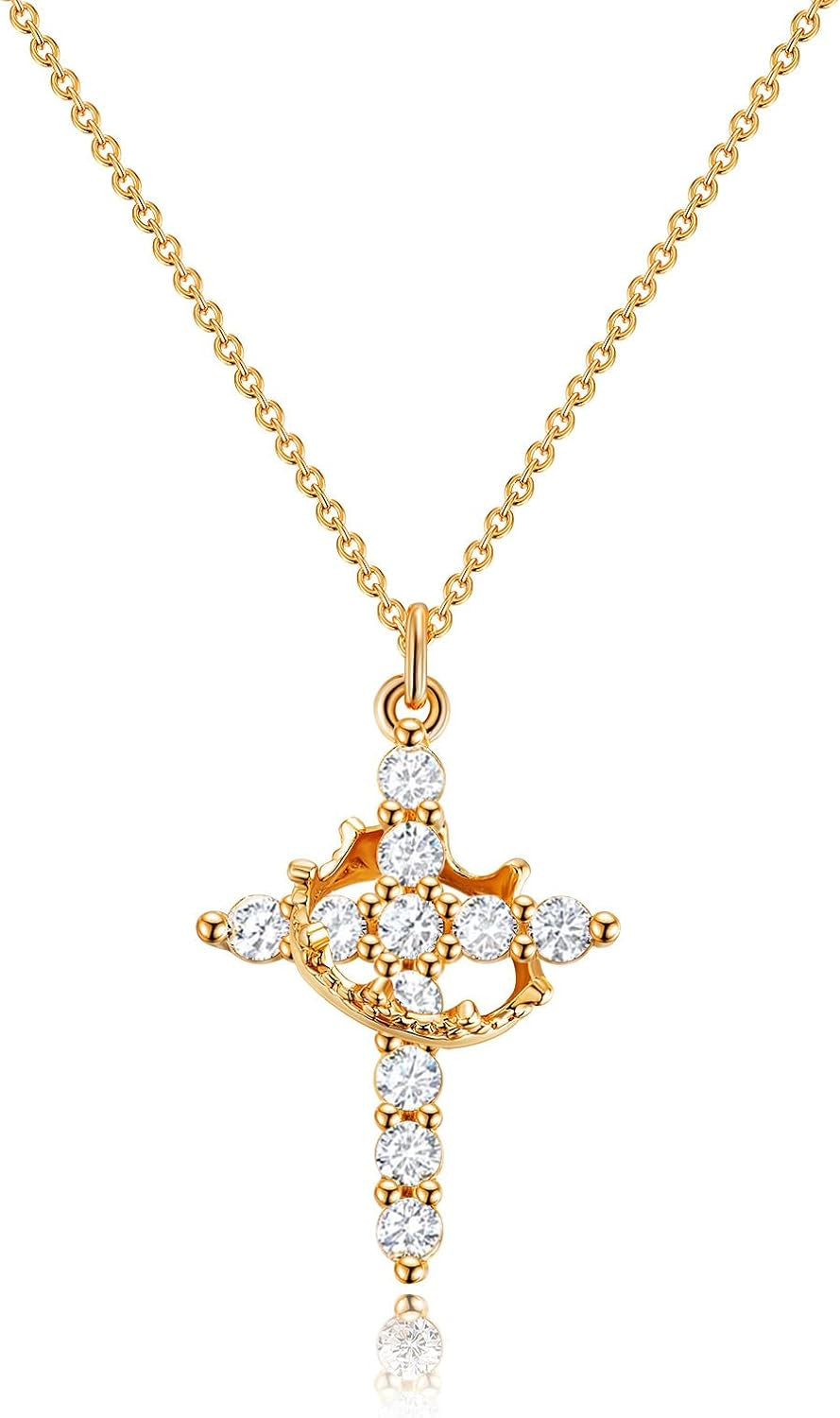 Upgraded Crown Cross Necklace for Women, 14K Gold Plated | Non-Tarnish Dainty Christian Faith Pendant for Gifting, First Communion, Baptism, Birthdays and Everyday Wear