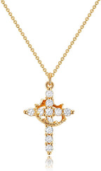 Upgraded Crown Cross Necklace for Women, 14K Gold Plated | Non-Tarnish Dainty Christian Faith Pendant for Gifting, First Communion, Baptism, Birthdays and Everyday Wear