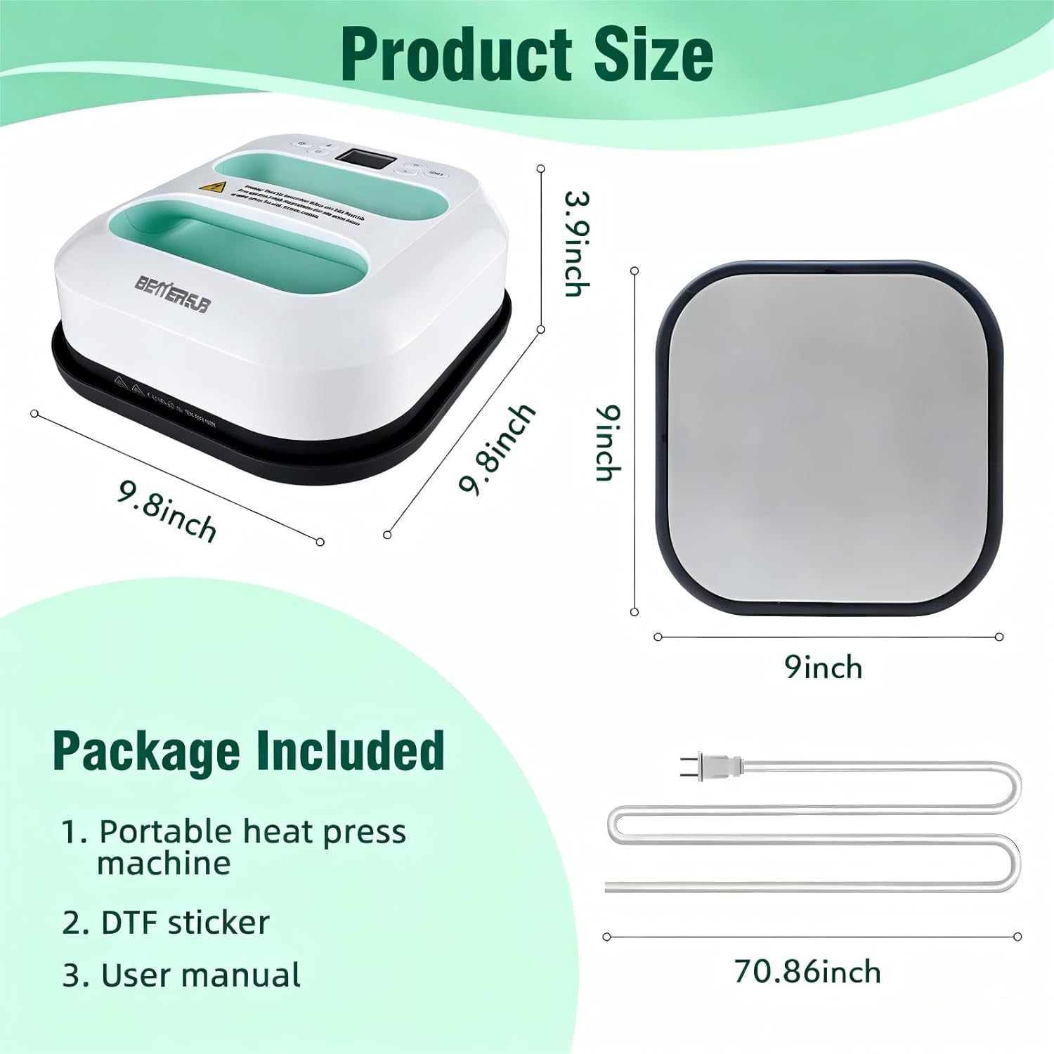 Heat Press Machine - Portable & Compact Heat Transfer Machine, Suitable for T-Shirts, Bags, Pillows, Fuse Beads, Clothing Sublimation and HTV Vinyl Printing, 9"X9" Teal