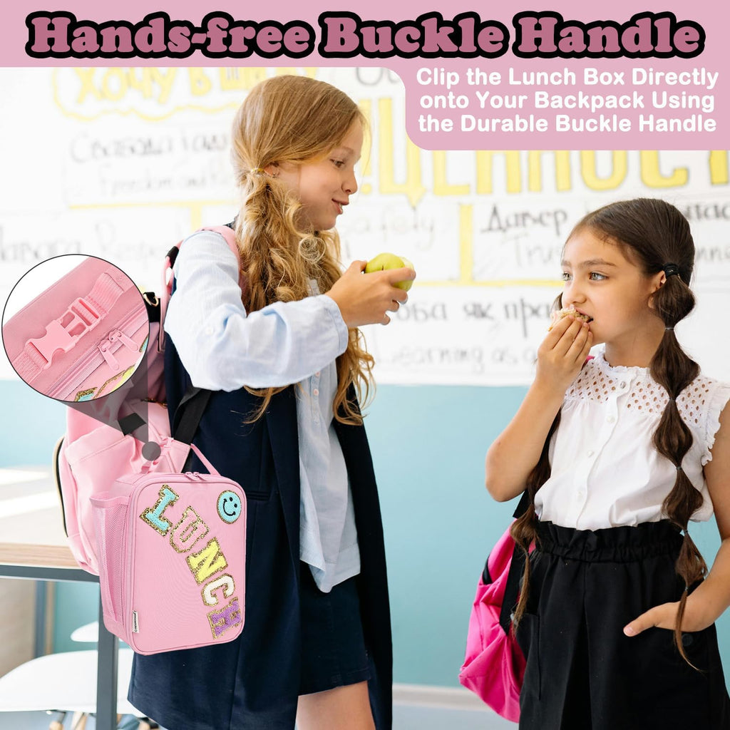 Lunch Box Insulated Soft Bag Mini Cooler Back to School Thermal Meal Tote Kit with Buckle and Mesh Side Pocket for Girls, Boys, Pinkwithletter