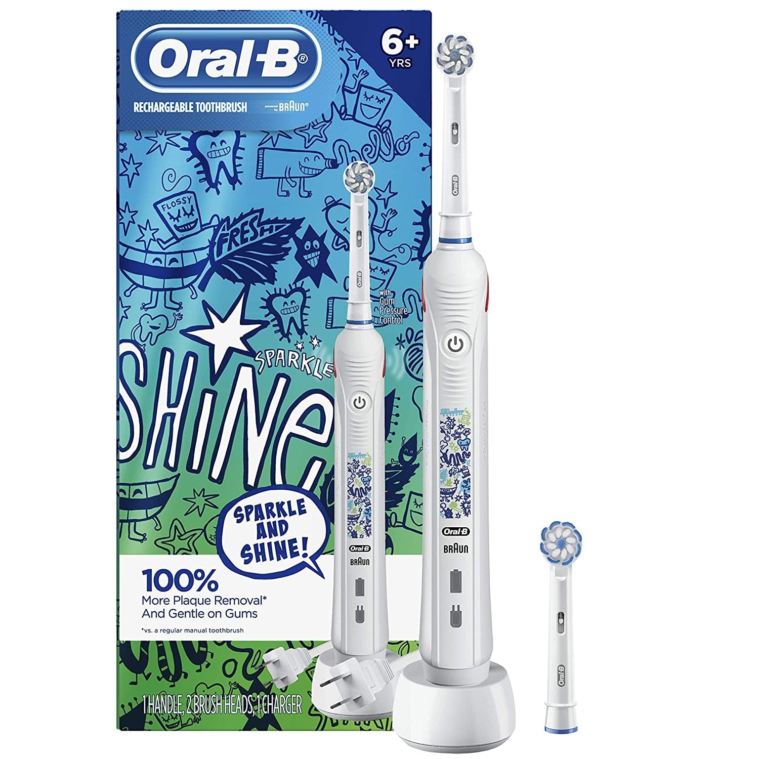 Kids Electric Toothbrush with Coaching Pressure Sensor and Timer, Rechargeable Toothbrush with (2) Brush Heads, Sparkle & Shine