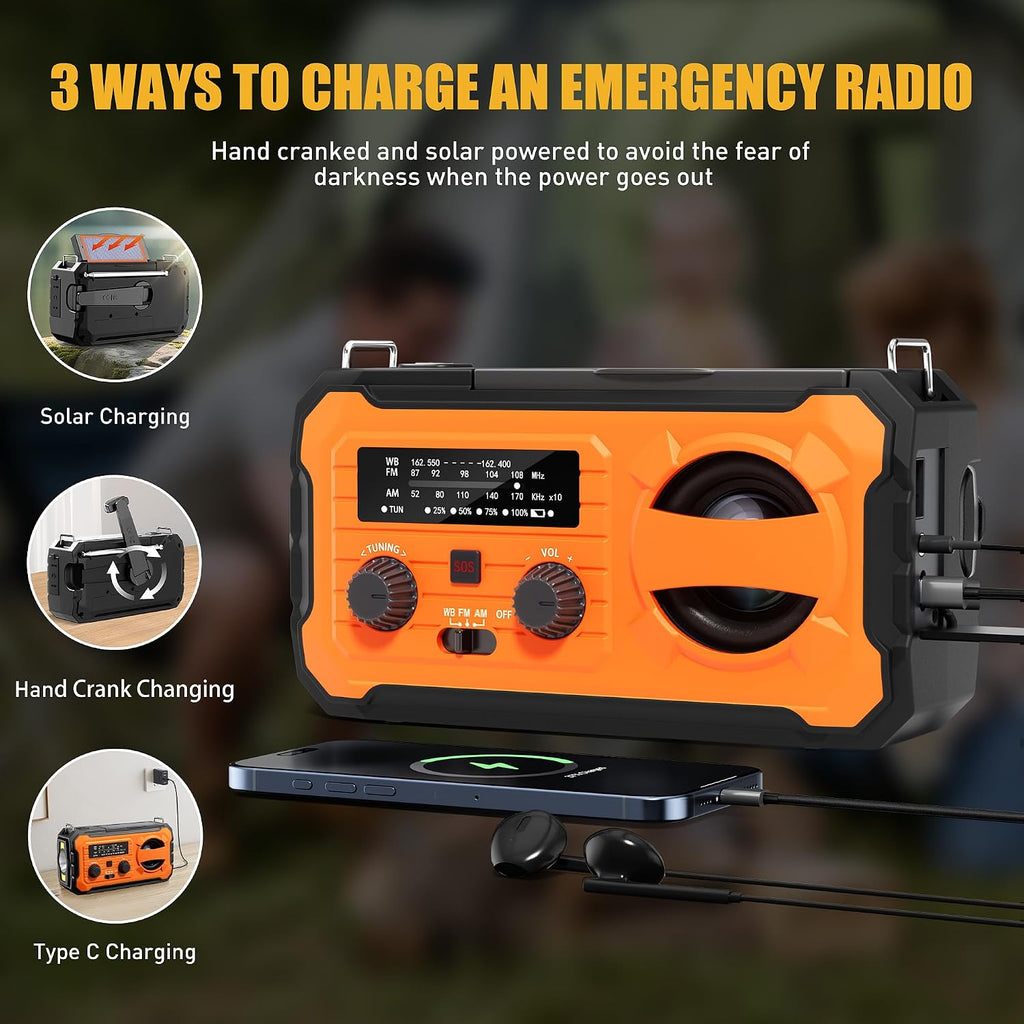 Hand Crank Emergency Radio 10000Mah Weather Radio with AM/FM/NOAA, Orange | Emergency Weather Radio with Solar Prower SOS Phone Charging LED Flashlight, Survival Gear for Outdoor Home Emergencies Kits