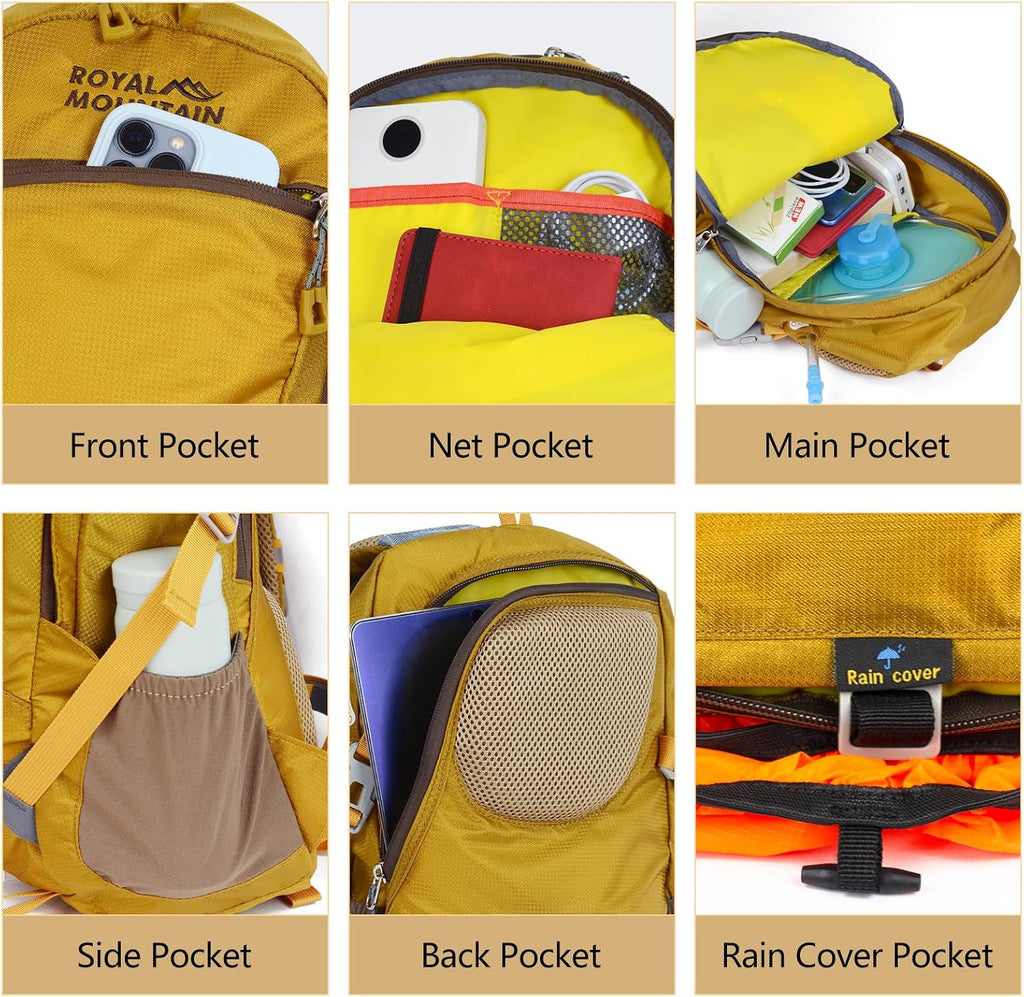 Small Hiking Backpack with Rain-Cover, 20L Travel Backpacks for Women Men, Camping Daypack Backpacks Lightweight, Durable Hiking Backpack Fit for Camping, Daily Commuting, Short Trips (Yellow)