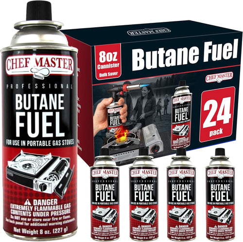 24X 8Oz Butane Fuel Canister - Butane Fuel for Camping Stove & Kitchen Torch - Gas Canister for Picnics, Outdoor Cooking, Grilling - Camping Stove, Torch Fuel Camping Essentials - 90340