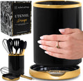 Black and Gold Utensil Holder with Built-In Spoon Rest | 2-Piece Black and Gold Spatula Holder, Kitchen Accessory, Utensils Not Included
