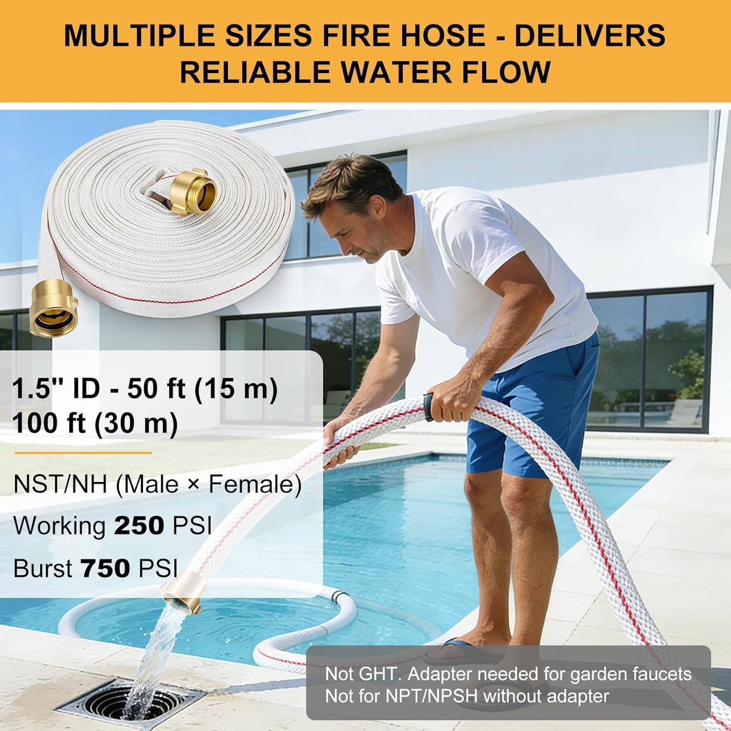 1-1/2" ID Fire Hose, 50Ft Single Jacket TPU Lay Flat Hoses with Brass NST/NH Couplings, 250 PSI Working / 750 PSI Burst, All-Weather Firefighter Hose for Fire Cabinets
