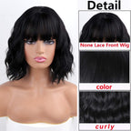 Short Wavy Black Wig with Bangs, Short Black Bob Wigs for Women, Wavy Bob Wig with Bangs Synthetic Natural Looking Heat Resistant Fiber Wigs