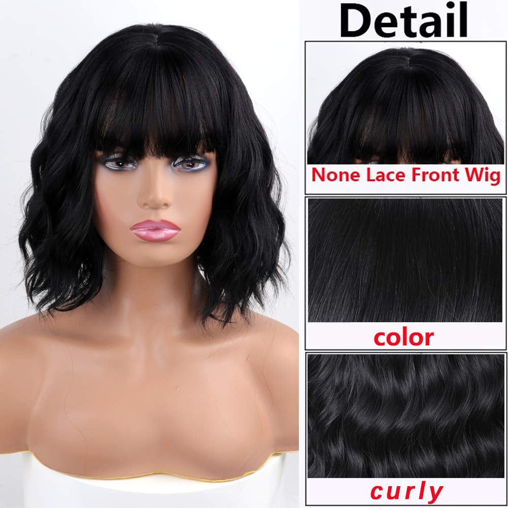 Short Wavy Black Wig with Bangs, Short Black Bob Wigs for Women, Wavy Bob Wig with Bangs Synthetic Natural Looking Heat Resistant Fiber Wigs