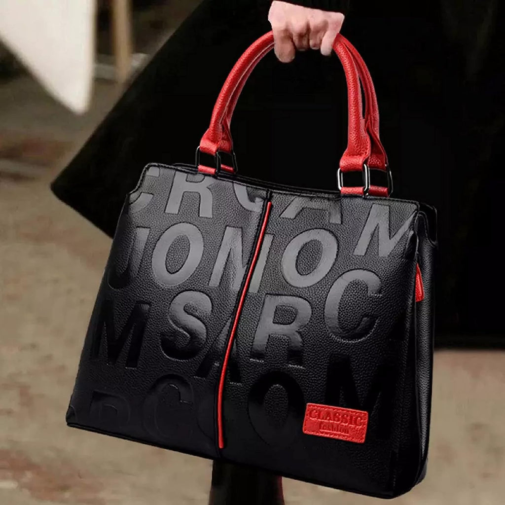 Fashion Leather Black with Red Handbags Medium for Women Luxury Shoulder Bag Tote Top-Handle Satchel Purses for Ladies