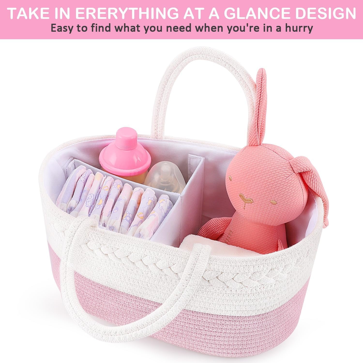 Diaper Caddy Organizer, Rope Woven Storage Baske, Pink | Cotton Rope, Nursery Storage Basket for Car & Changing Table | Holds Diapers, Wipes & Baby Essentials | Durable