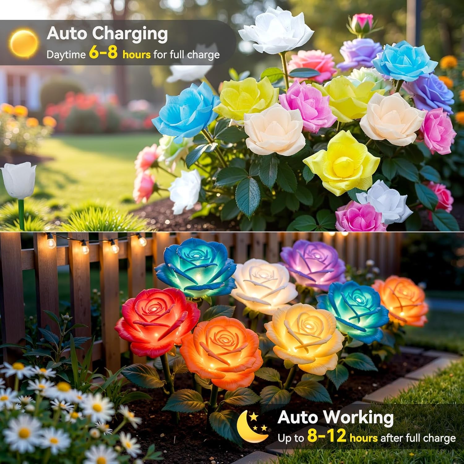 6 Pack Solar Lights Outdoor Garden Decor, 7 Color Changing Solar Flowers Outdoor Waterproof with 30 Bigger & Realistic Rose, Enlarged Size Panel for Patio Yard Garden Cemetery Decoration, Gifts