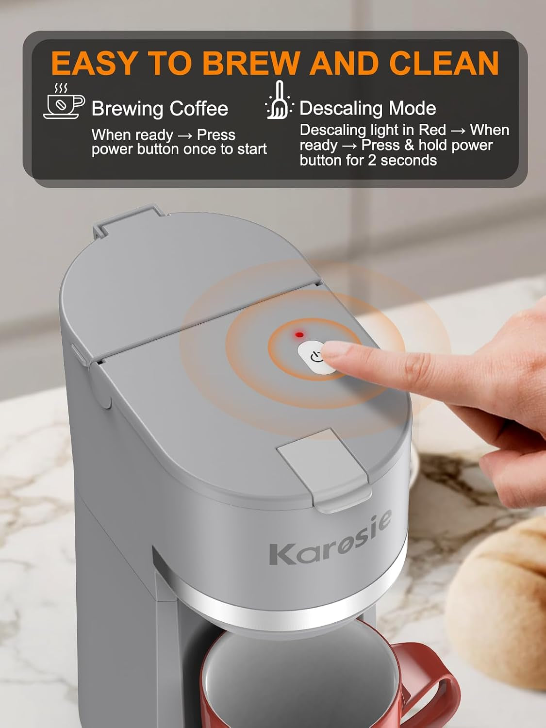 Single Serve Coffee Maker for K-Cup and Ground Coffee, Fast Brew, 6-12 Oz Brew Sizes One Cup Coffee Machine Fits 5.5" Mugs, One-Button Small Coffee Maker with Descaling Reminder,Grey