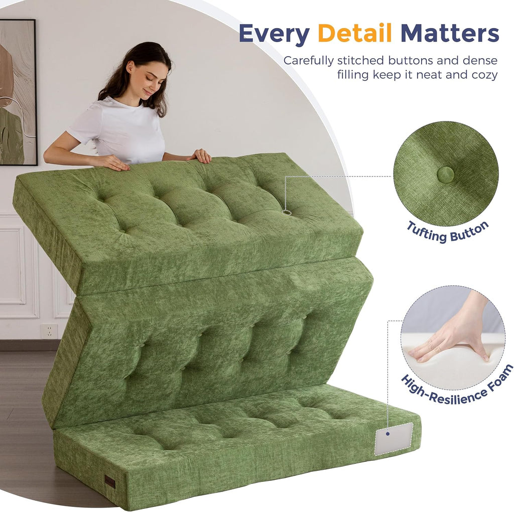 6" Folding Sofa Bed for Floor, Tufted Tri-Fold Floor Mattress with Chenille Fabric, Twin Size Portable Sofa Couch Guest Mat for Adults, Foldable Topper for Camping, Green, 35.4"X75"