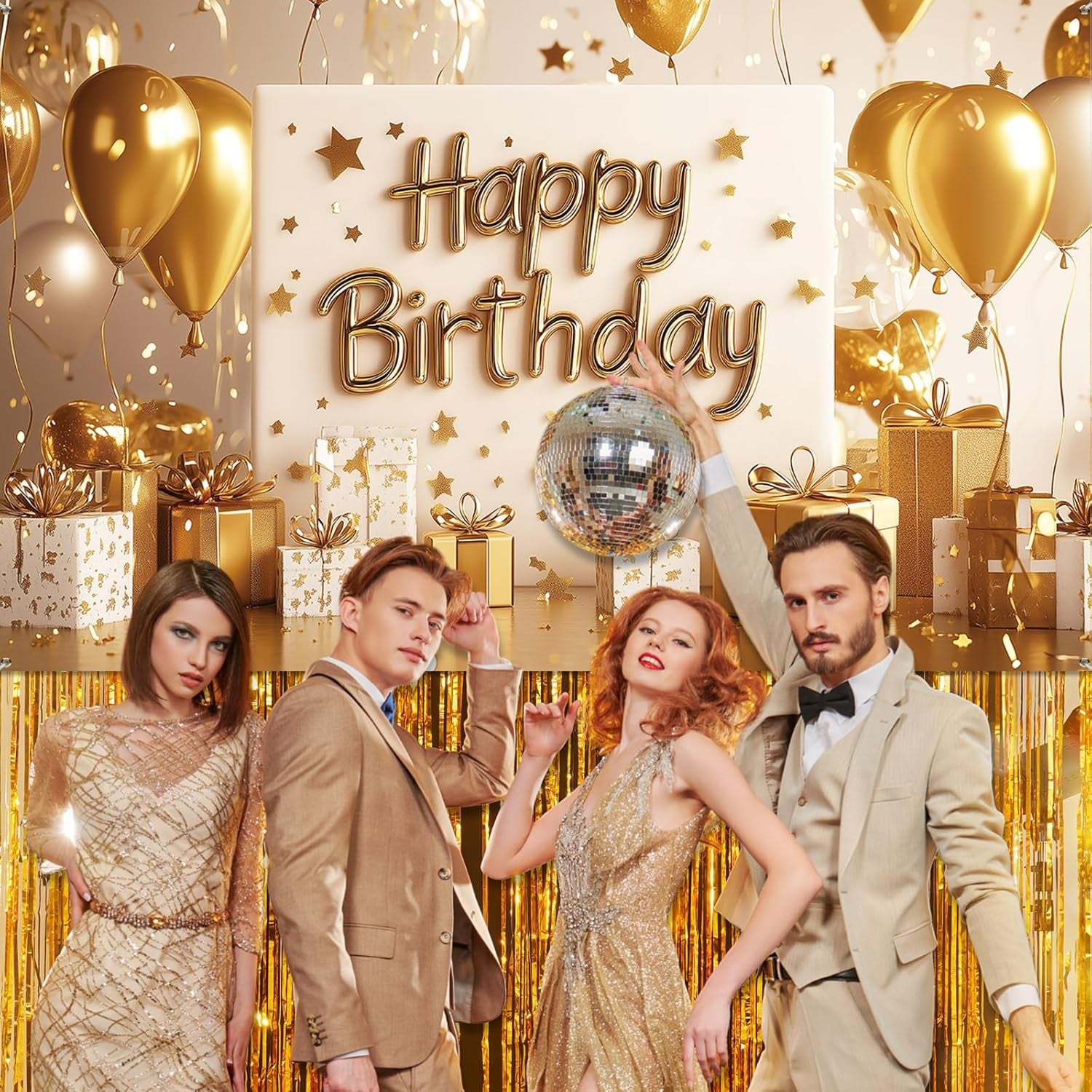 Gold Happy Birthday Backdrop Banner White and Gold Background for Women Glitter Star and Balloon Photography Backdrop for Birthday Table Wall Decoration Party Supplies 72.8 X 43.3 Inch