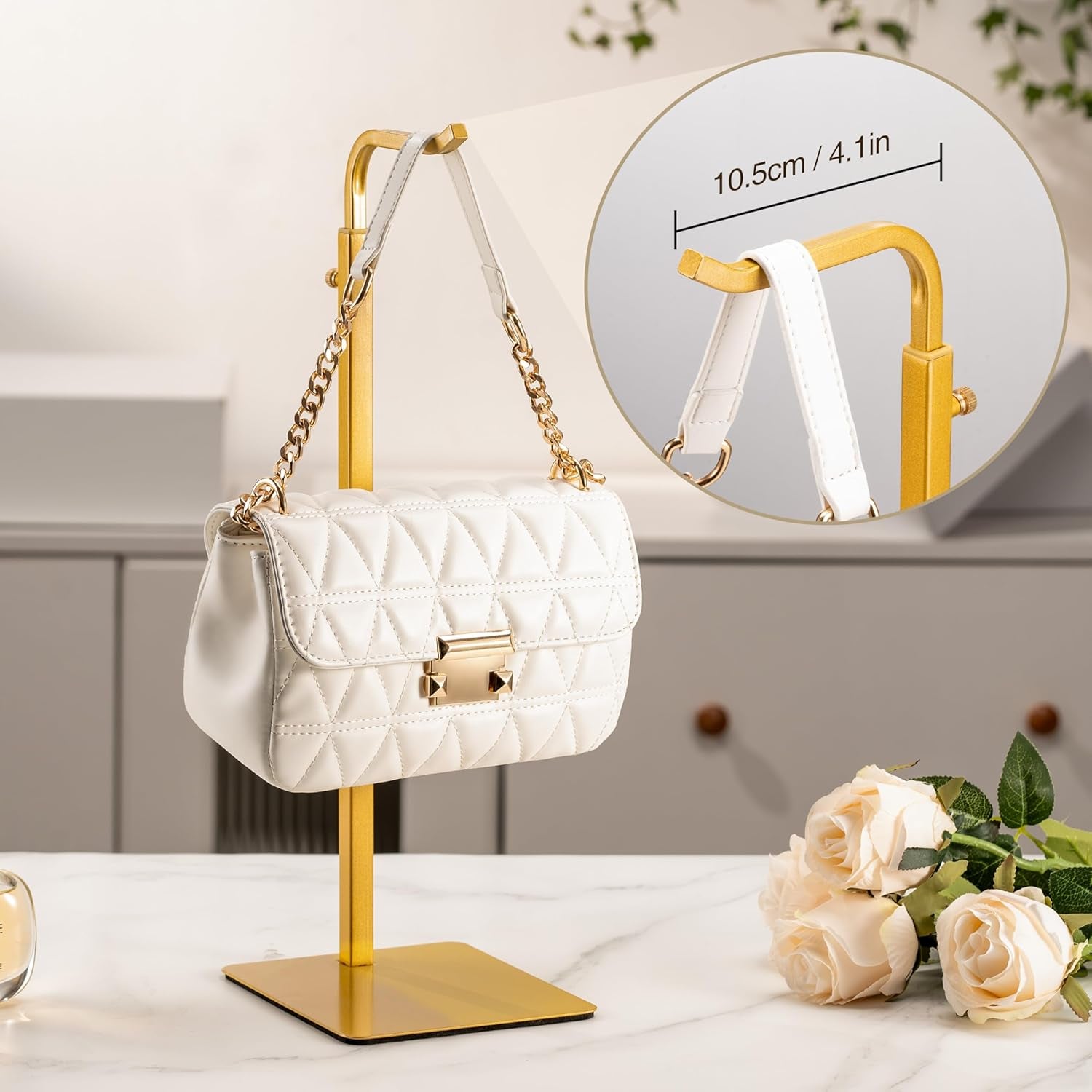 Purse Holder Handbag Display Stand: Gold Hanger Rack for Bags, Purses, and Wreath, Adjustable Hook Stand for Tabletop, Closet, and Retail Use for Vendors