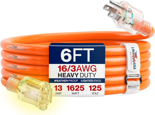 6Ft Outdoor/Indoor Extension Cord 16/3 Gauge Heavy Duty 3 Prong SJTW, Waterproof, Flexible Cold-Resistant Long Power Cord,13A 125V 1625W, Orange by