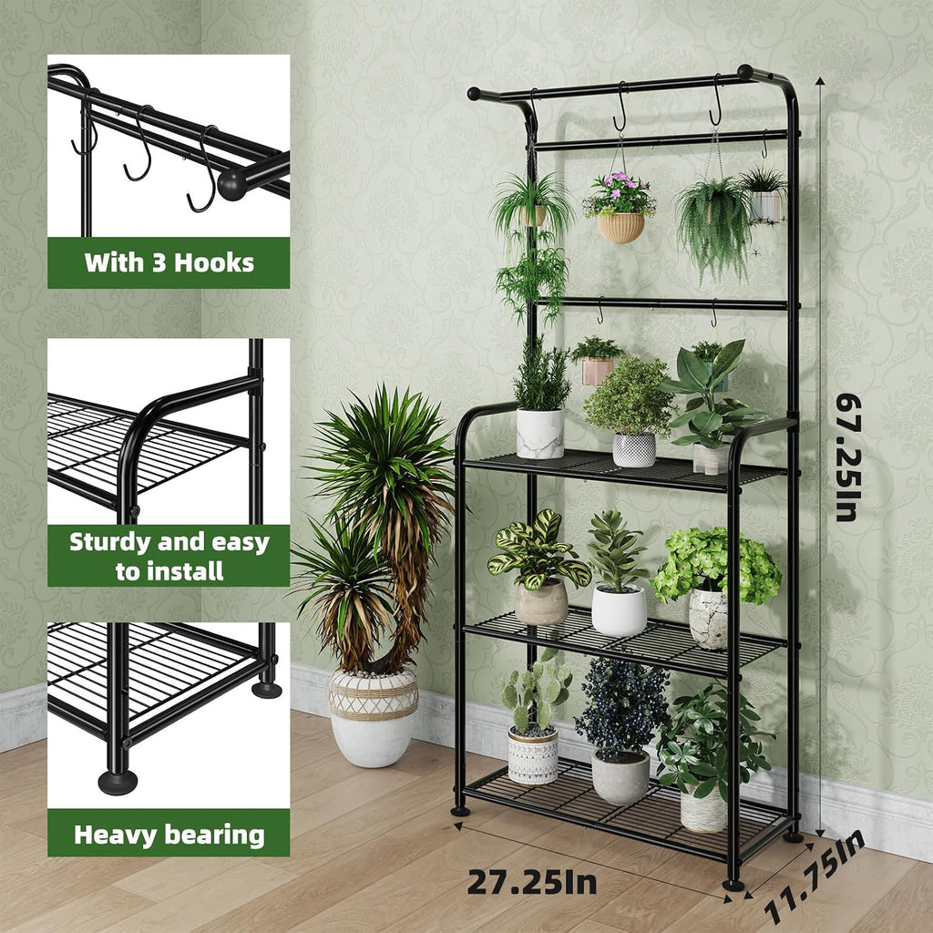 Plant Stands Outdoor with Hooks, Metal Tall Plant Shelves Indoor for Hanging Planter, Black