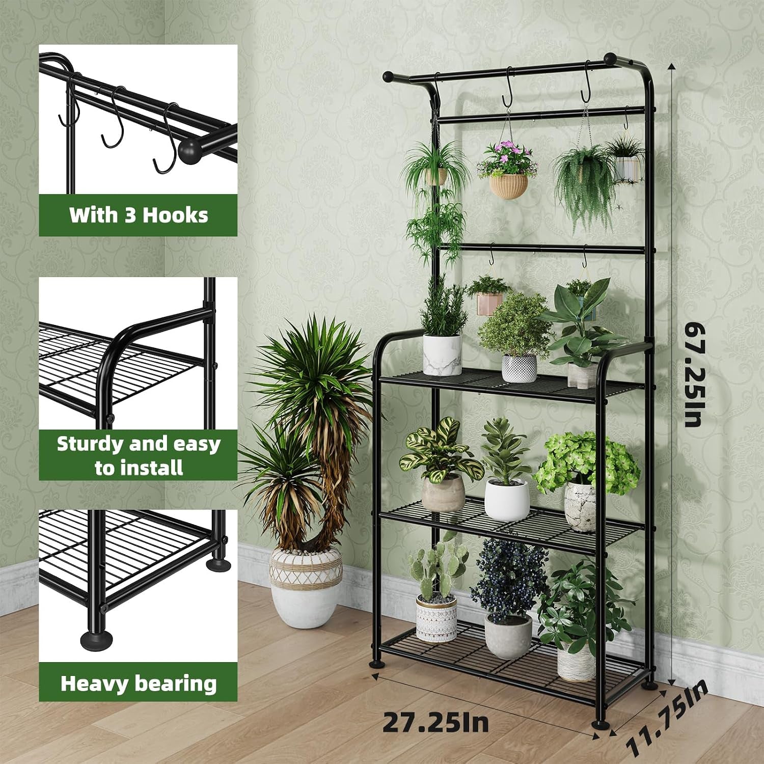 Plant Stands Outdoor with Hooks, Metal Tall Plant Shelves Indoor for Hanging Planter, Black