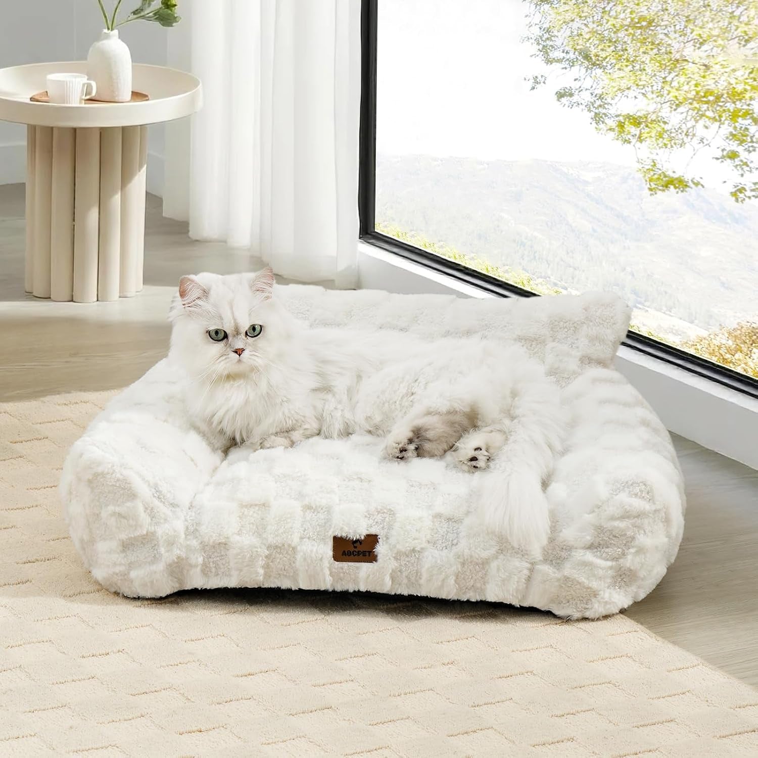Cat Bed Cats Couch for Puppy and Kitten, Fluffy Pet Couch Small Dog Sofa Bed, Supportive Cat Sofa for Indoor Cats, Washable Cover & Non-Slip, 26 Inch, White