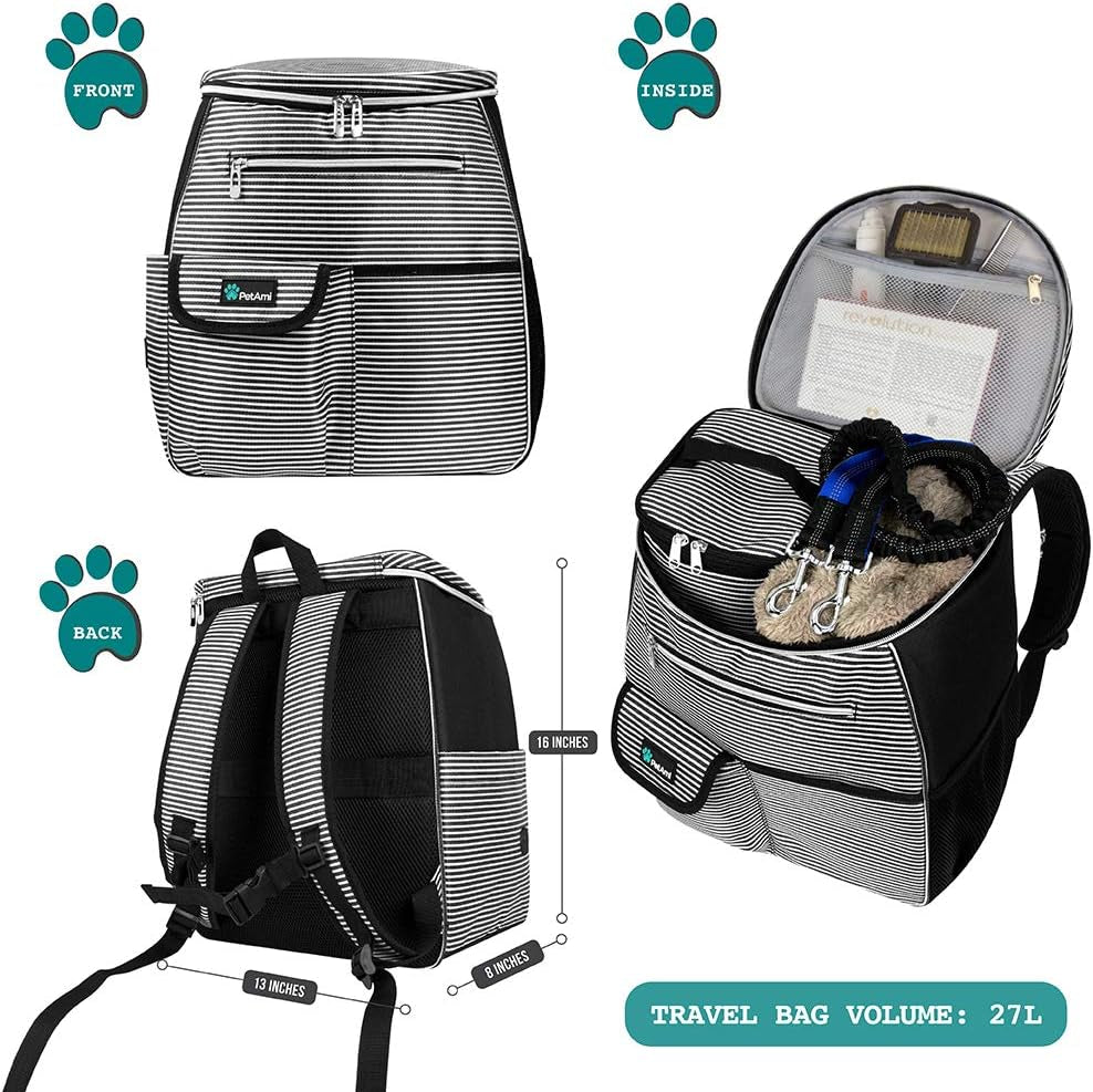 Dog Travel Backpack Airline Approved Pet Supplies Bag, Stripe Black | Cat Traveling Suitcase Organizer for Weekend Road Trip Camping; 2 Food Containers, 2 Collapsible Bowls & Poop Bag Dispenser