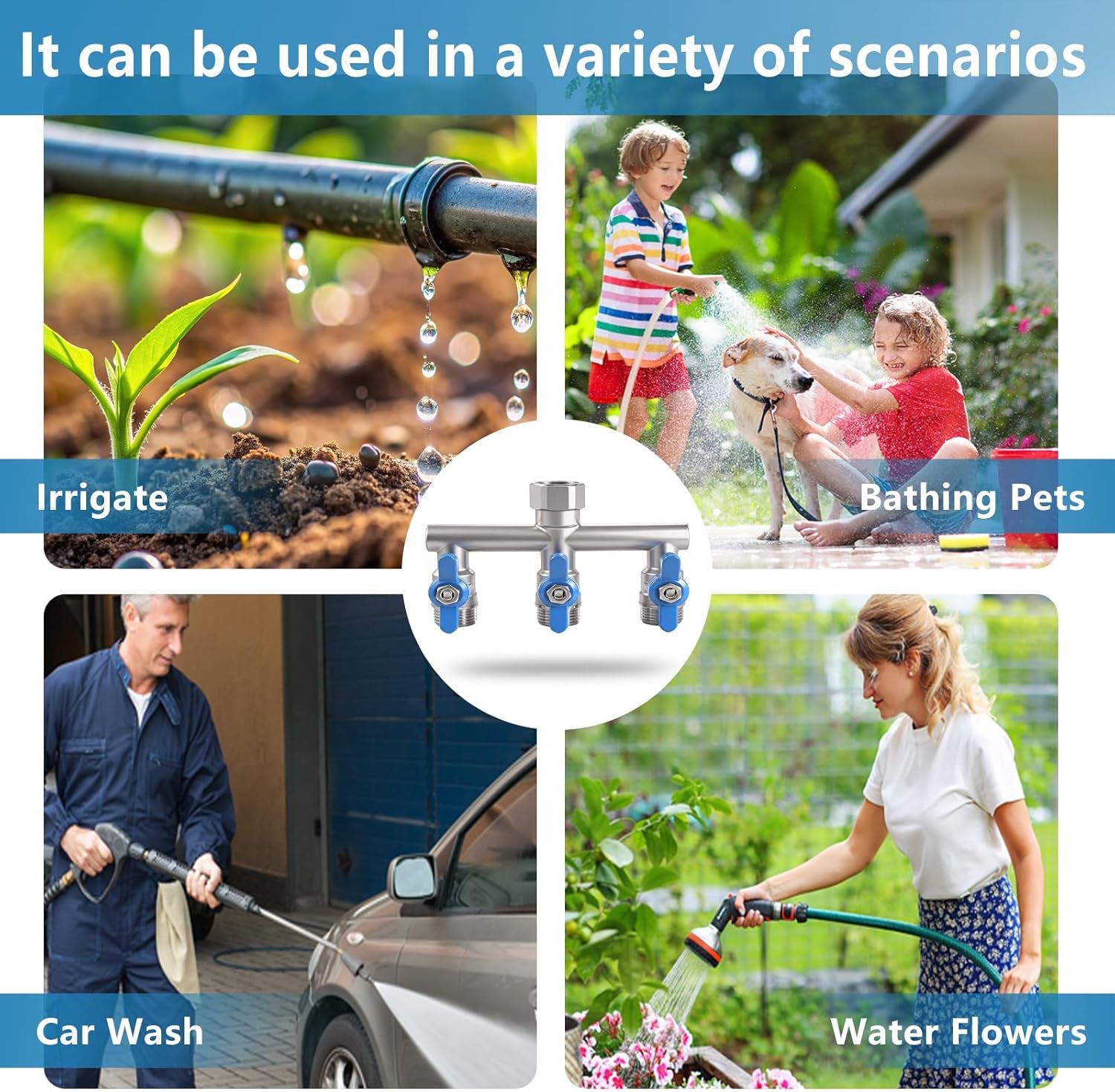 304 Stainless Steel Garden Hose Splitter 3 Way Heavy Duty, Full Flow T Valve Water Hose Splitter with 2.1" Extra Long Handle, Lead-Free，3/4" GHT Thread Connector for Outdoor Spigot Faucet