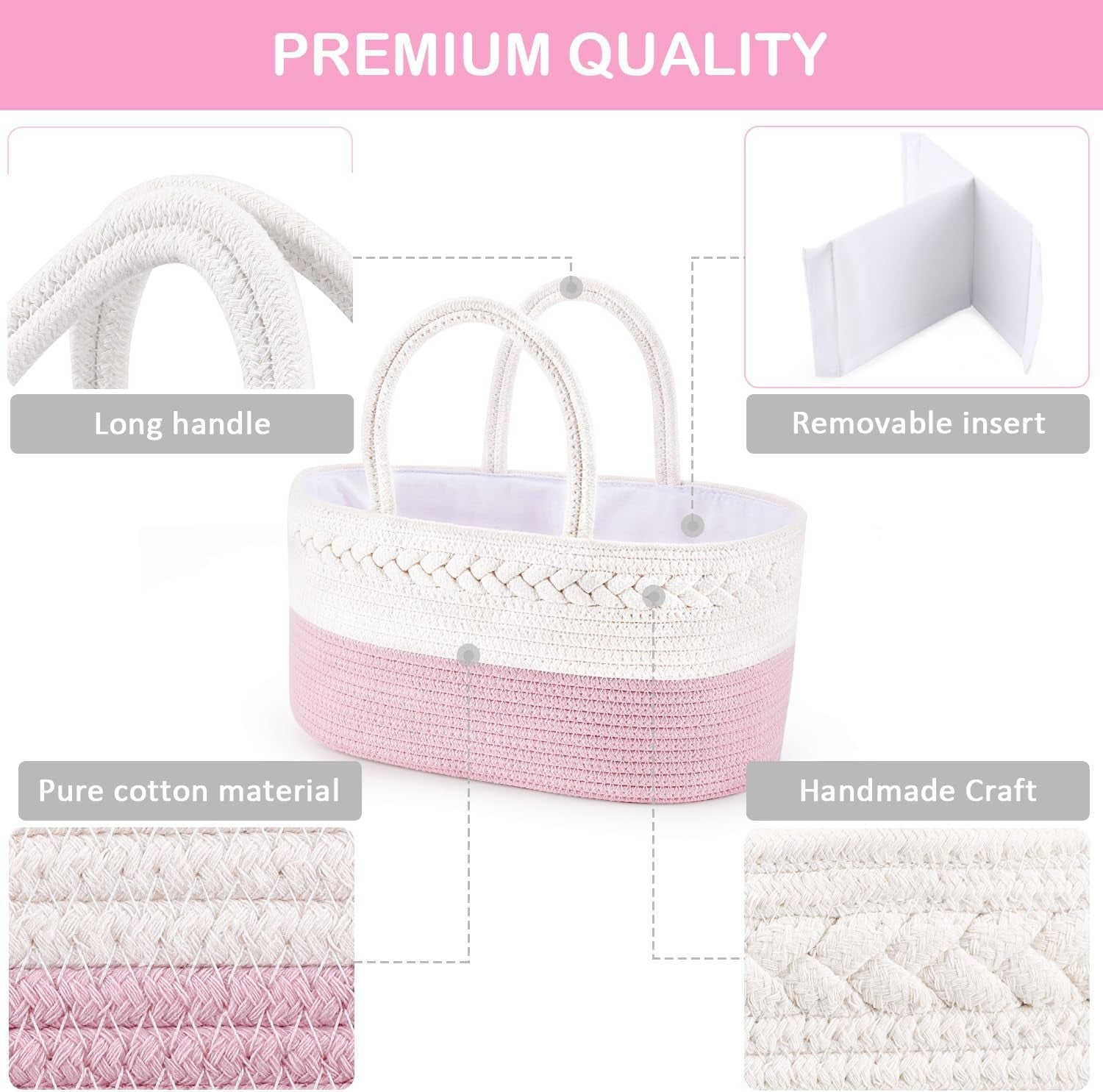 Diaper Caddy Organizer, Rope Woven Storage Baske, Pink | Cotton Rope, Nursery Storage Basket for Car & Changing Table | Holds Diapers, Wipes & Baby Essentials | Durable