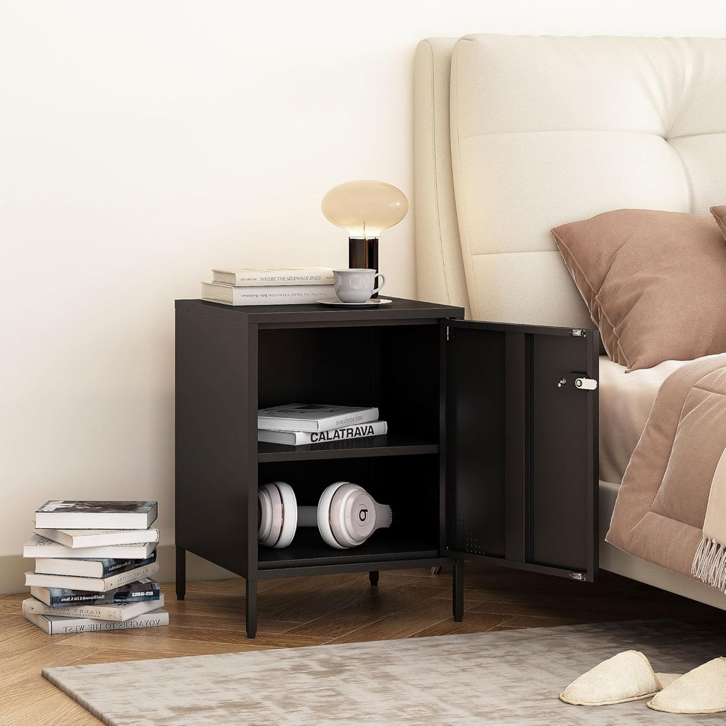 Metal Lockable Nightstand, Single Door Locker Metal End Table Small Bedside Storage Cabinet for Living Room, Bedroom, Dorm, 21.26”H X 15.75”W X 15.75”D (1 Door, Black)