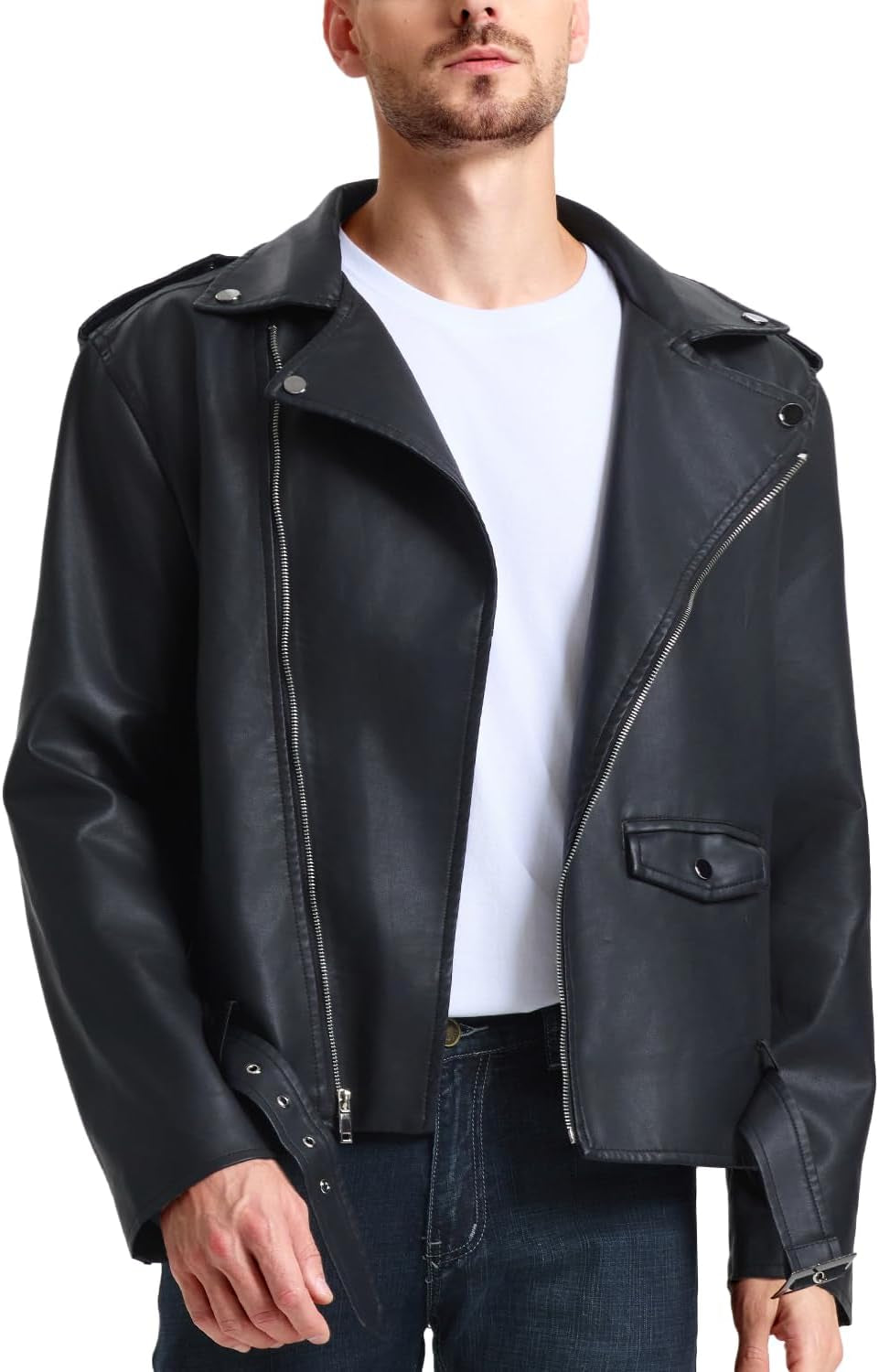 Men'S Leather Jackets, Faux Bomber Jacket for Men Motorcycle Lapel Asymmetric Zip-Up Slim Fit Biker Coat