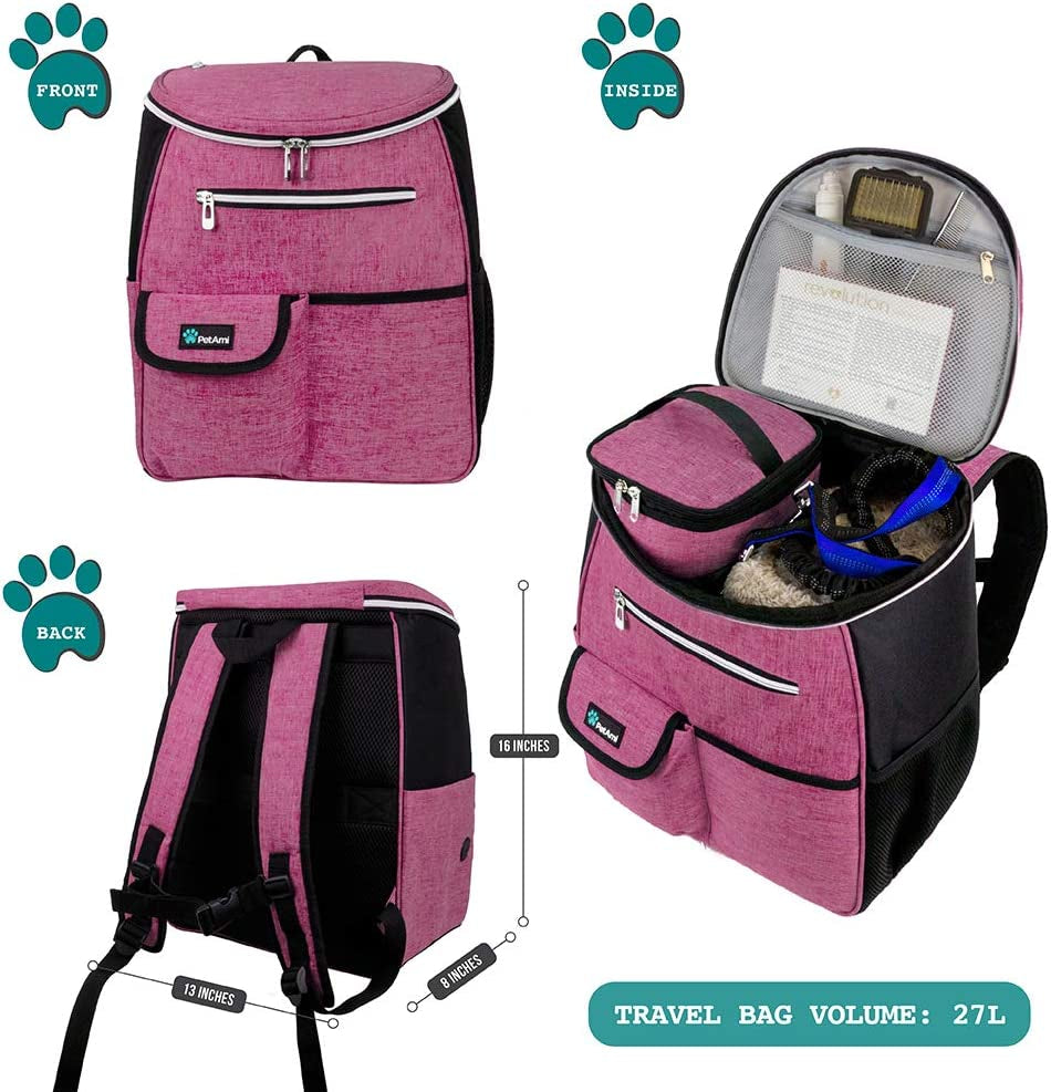 Dog Travel Backpack 27L Airline Approved Pet Supplies Bag, Pink | Cat Traveling Suitcase Organizer for Weekend Road Trip Camping; 2 Food Containers, 2 Collapsible Bowls & Poop Bag Dispenser