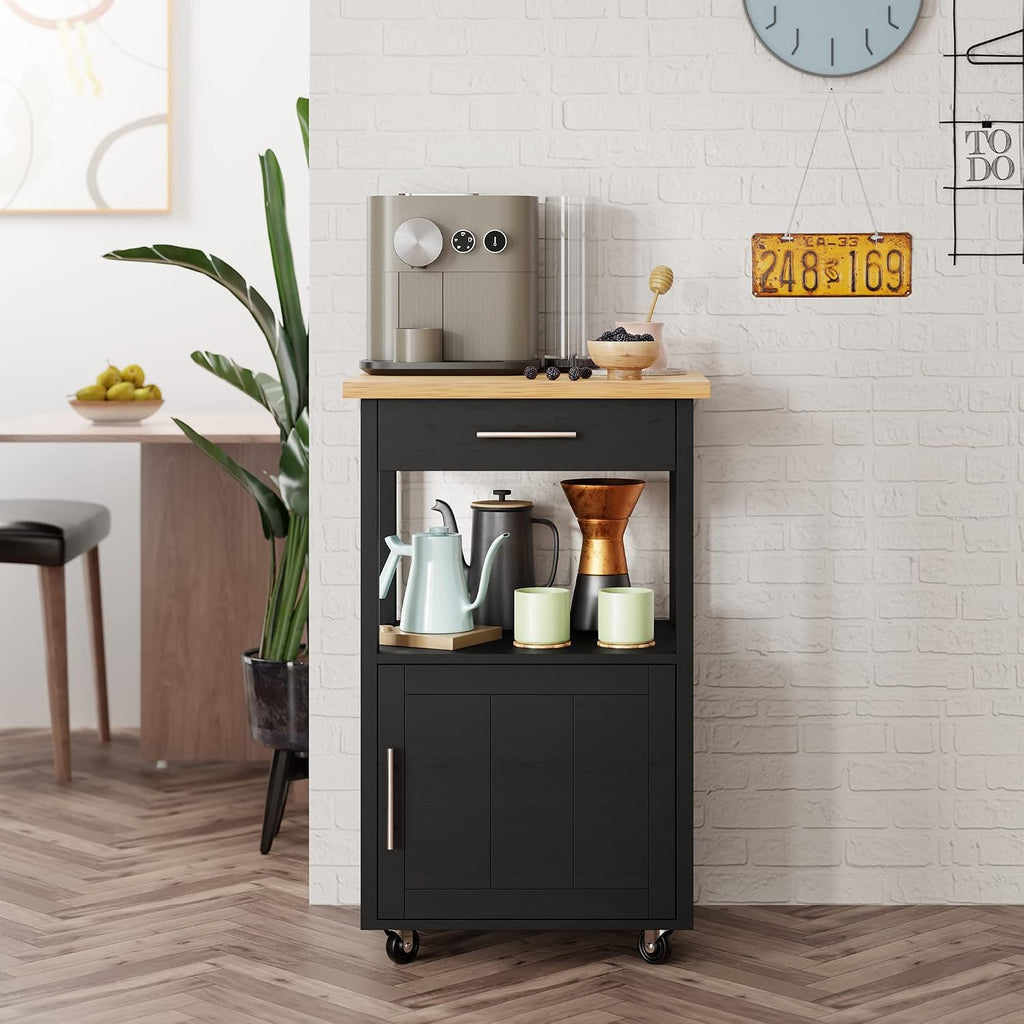 Kitchen Island Cart with Storage,Rolling Kitchen Island Side Table on Wheels with Worktop,Single Door Storage Cabinet and Drawer for Kitchen,Dinning Room, Black