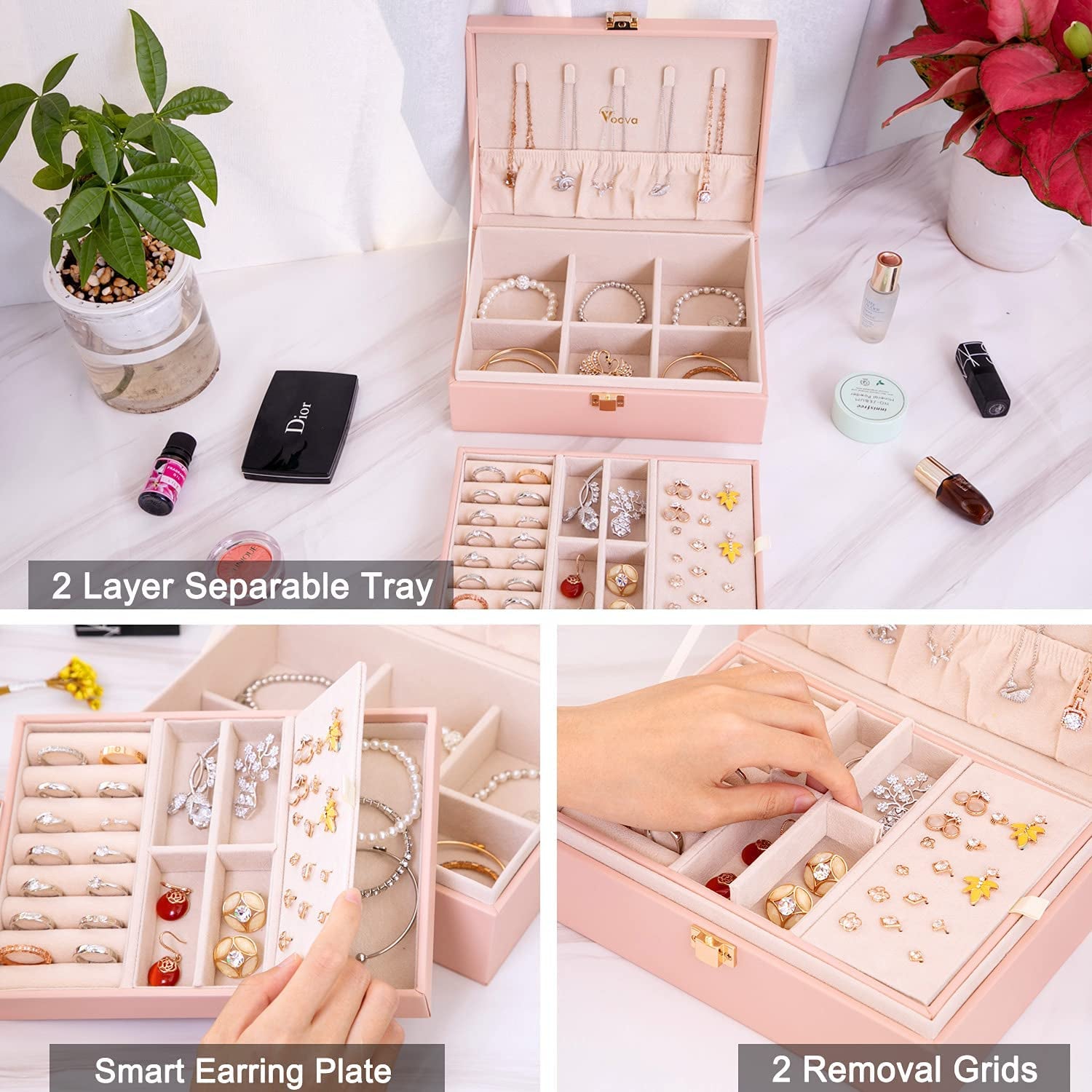 2 Layer Jewelry Box Organizer with Removable Tray, Vintage Gift, Pink | 2-Layer PU Leather Jewelry Organizer with Removable Tray for Necklaces, Earrings, Rings and Bracelets; for Women and Girls