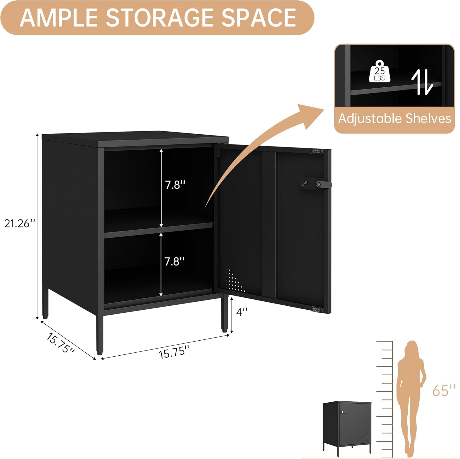 Metal Lockable Nightstand, Single Door Locker Metal End Table Small Bedside Storage Cabinet for Living Room, Bedroom, Dorm, 21.26”H X 15.75”W X 15.75”D (1 Door, Black)