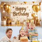 Gold Happy Birthday Backdrop Banner White and Gold Background for Women Glitter Star and Balloon Photography Backdrop for Birthday Table Wall Decoration Party Supplies 72.8 X 43.3 Inch