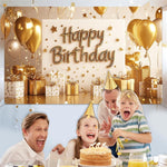 Gold Happy Birthday Backdrop Banner White and Gold Background for Women Glitter Star and Balloon Photography Backdrop for Birthday Table Wall Decoration Party Supplies 72.8 X 43.3 Inch