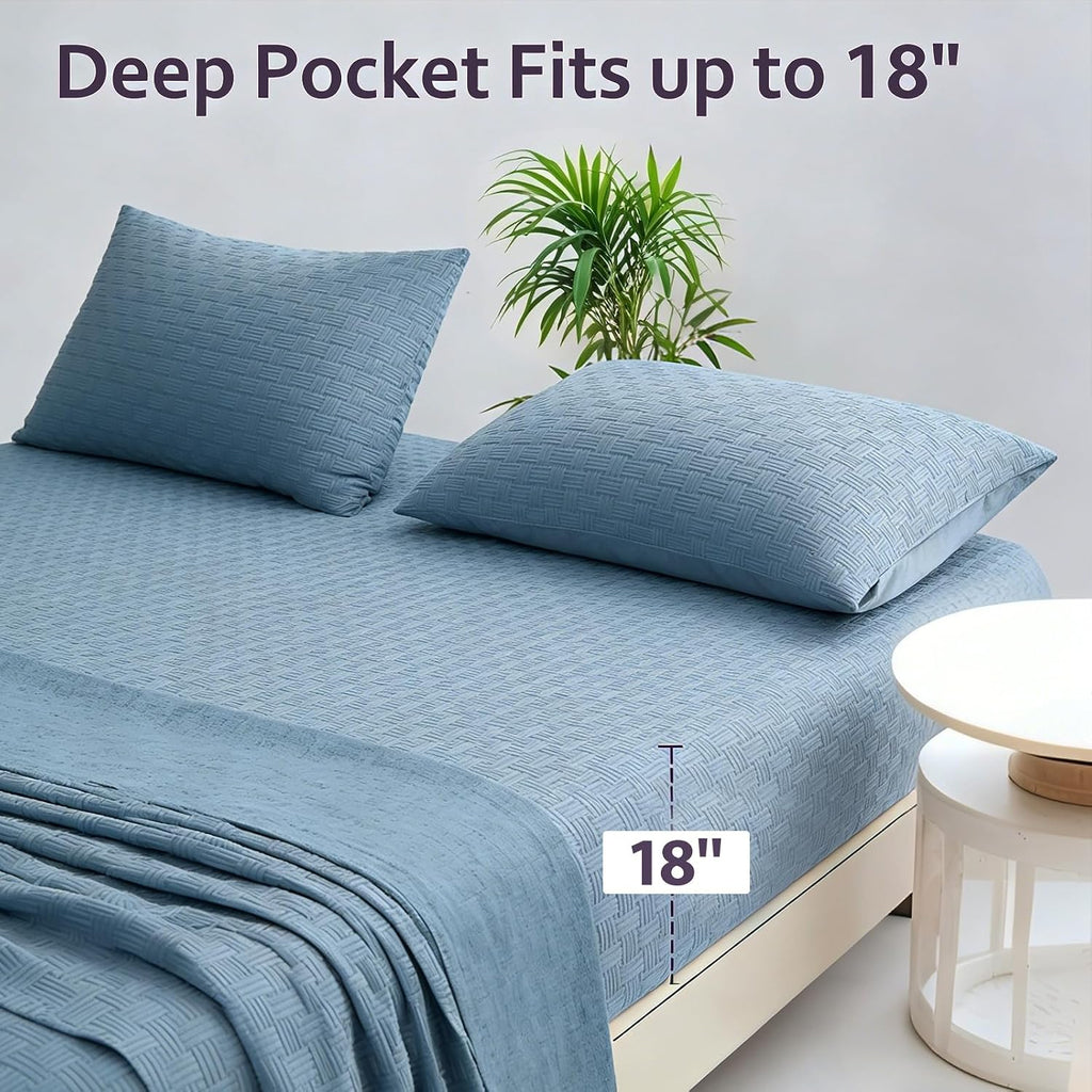 Woven Grid Soft Bed Sheets 4 Piece Set - Luxury Breathable Queen Size Cooling Sheets with 1Fitted Sheet, 1Flat Sheet & 2 Pillowcases- Deep Pocket Fitted Sheet up to 18 Inches (Blue Grey)
