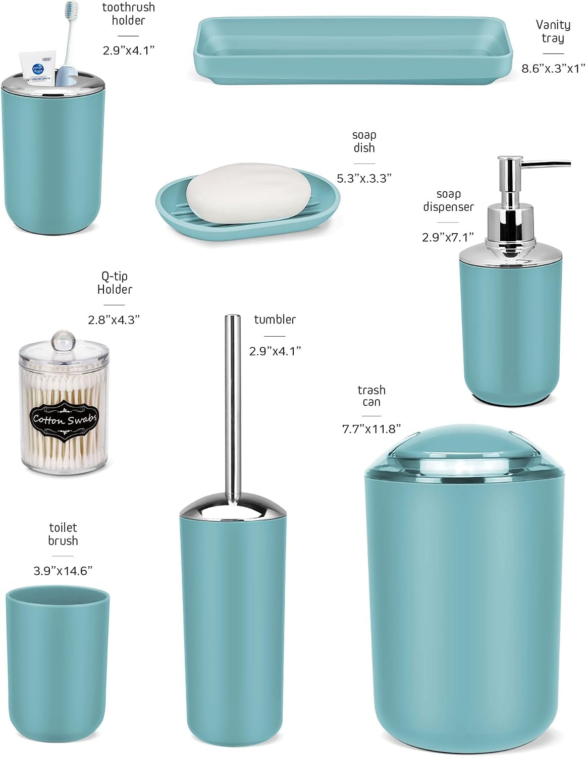 Bathroom Accessories Set,Blue Bathroom Set,9 Pieces Bathroom Accessory Set,Tray,Qtip Holders,Toilet Brush,Trash Can for Bathroom Décor and Home Gifts