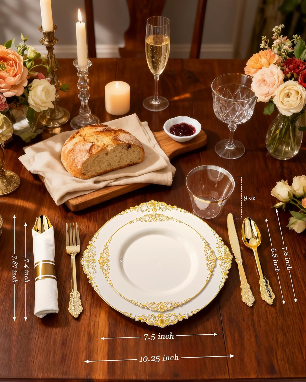 350PCS Ivory Plastic Plates - Ivory Gold Plastic Dinnerware Sets for 50 Guests - 100 Gold Disposable Plates, 50 Pre Rolled Silverware Sets, 50 Cups Perfect for Wedding & Party