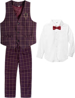 Boys Vest Pants Set Plaid Dress Suit with Shirt Kids Tuxedo Formal Wedding Ring Bearer Outfit